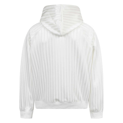 Back view of the Retro Dark Stripe Patchwork Hoodie, showcasing its white stripe design and relaxed fit.