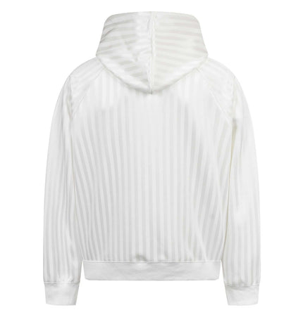 Back view of the Retro Dark Stripe Patchwork Hoodie, showcasing its white stripe design and relaxed fit.