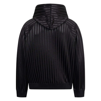Back view of the Retro Dark Stripe Patchwork Hoodie featuring a stylish striped design and casual fit.