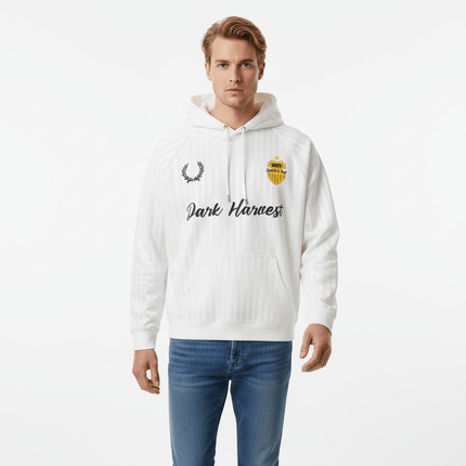 Man wearing Retro Dark Stripe Patchwork Hoodie in white with logo and text Dark Harness, relaxed fit for casual style.