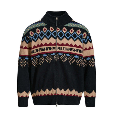 Retro Fair Isle Knit Cardigan – Loose Fit featuring bold color-block jacquard pattern and zip-up style.