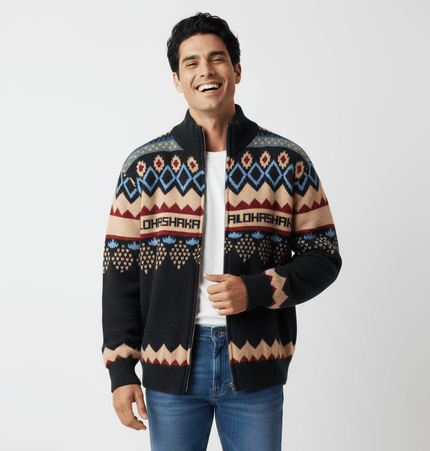Retro Fair Isle Knit Cardigan – Loose Fit worn by smiling man with striking color-block pattern.