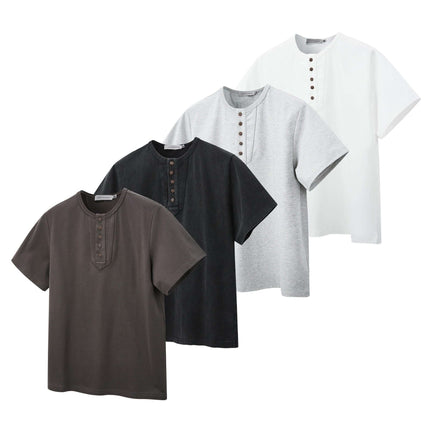 Five-Button Henley TShirt – Loose Fit in four colors including black, grey, white, and dark grey.