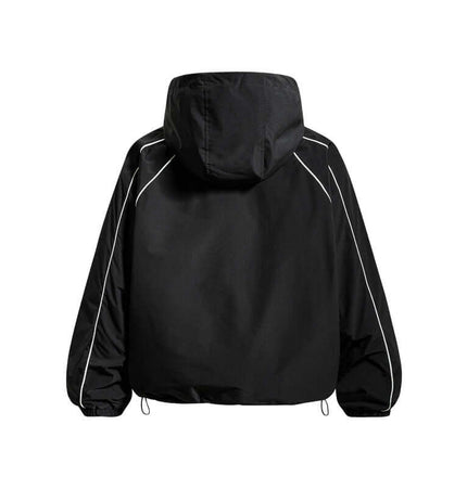 Retro Hooded Zip Jacket – Loose Fit back view with hood and stylish design in black color.