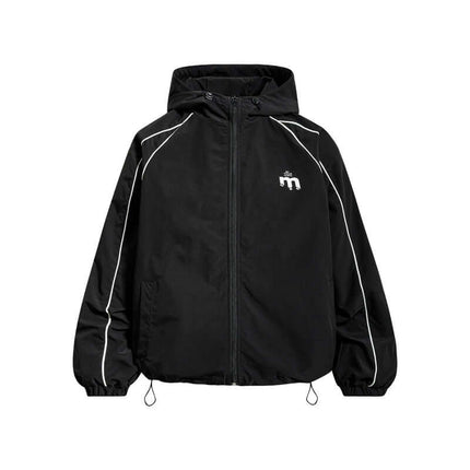 Retro Hooded Zip Jacket – Loose Fit in black with white piping and hood, featuring a casual street style.