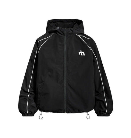 Retro Hooded Zip Jacket – Loose Fit in black with white piping and hood, featuring a casual street style.