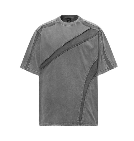 Retro Washed Deconstructed TShirt in gray with distressed edges and loose fit for vintage street style.