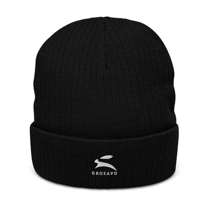 Ribbed knit beanie in black by Grozavu, featuring a stylish cuffed design, perfect for all head sizes.