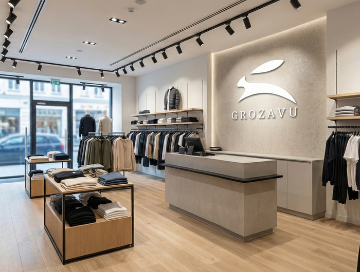 Models wearing the latest Grozavu spring collection walking in a sunlit city street.