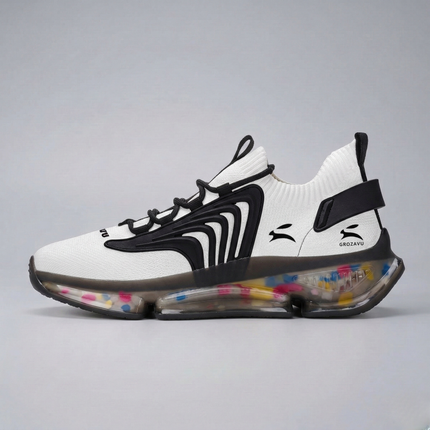 Model in an eco-friendly sustainable fashion campaign wearing an earth-toned jacket with the Grozavu logo visible.