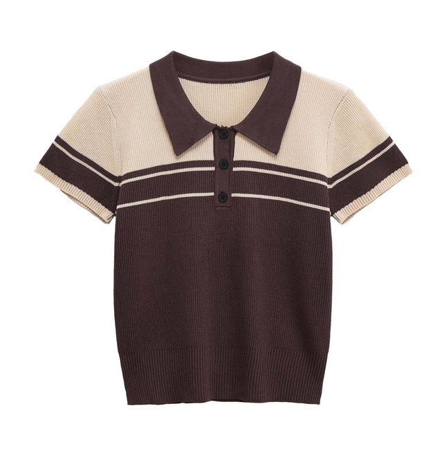 Threaded Knit Polo Collar Top – Loose Fit in brown and cream with polo collar and button placket.