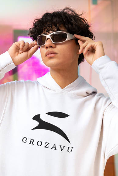 Man wearing Grozavu white hoodie with black bunny logo – premium streetwear from Barcelona