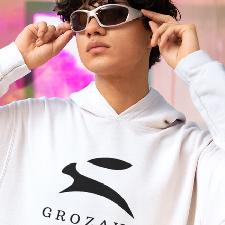 Man wearing Grozavu white hoodie with black bunny logo – premium streetwear from Barcelona