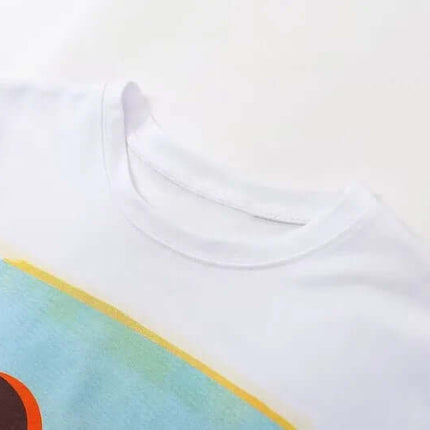 Close-up of a Cotton TShirt with Oil Painting Print showcasing neckline and artistic design.