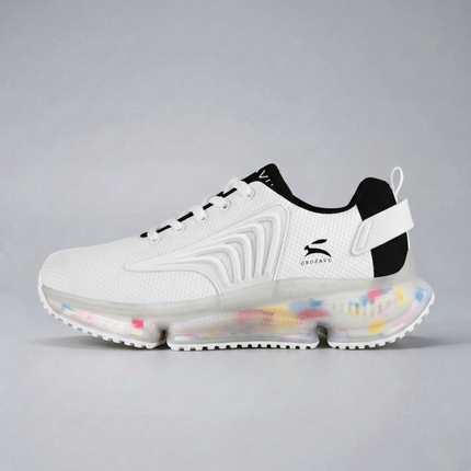 Female model in luxury boutique clothing showcasing a structured blazer with the Grozavu brand logo on the pocket.