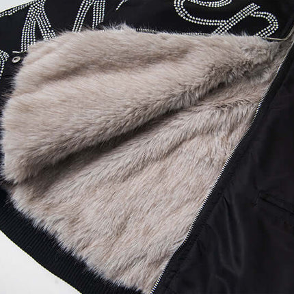 Hawk Embroidered Letter Hooded Coat showcasing plush fur lining for warmth and style.