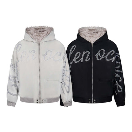 Hawk Embroidered Letter Hooded Coat showcasing grey and black color options with bold letter detailing.