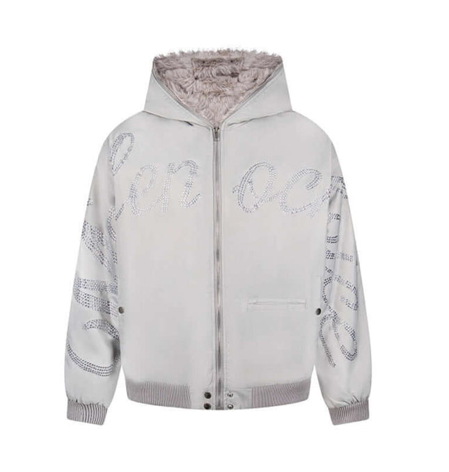Hawk Embroidered Letter Hooded Coat with bold embroidery and cozy inner lining, perfect for urban style and comfort.