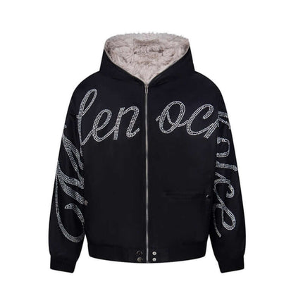 Hawk Embroidered Letter Hooded Coat featuring bold embroidery and a cozy interior, perfect for modern streetwear style.