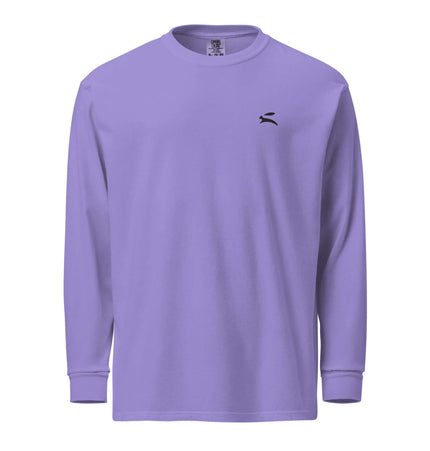 Heavyweight Garment-Dyed Long-Sleeve in soft lavender color, showcasing a relaxed fit and stylish design.