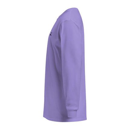 Heavyweight Garment-Dyed Long-Sleeve in lavender showing side view with relaxed fit and long sleeves.