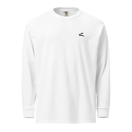 Heavyweight Garment-Dyed Long-Sleeve in white, featuring a relaxed fit and classic design for ultimate comfort.
