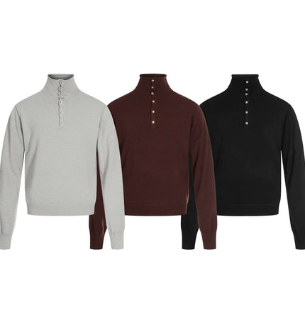 High Neck Street Knit Sweater – Loose Fit in grey, burgundy, and black colors displayed.