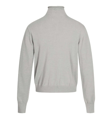 High Neck Street Knit Sweater – Loose Fit, back view of a light gray pullover with high neckline and long sleeves.