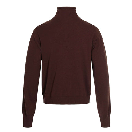 High Neck Street Knit Sweater – Loose Fit shown from the back in brown color with a high neckline and long sleeves.