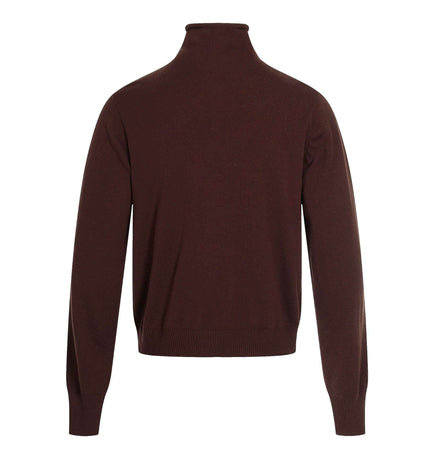 High Neck Street Knit Sweater – Loose Fit shown from the back in brown color with a high neckline and long sleeves.