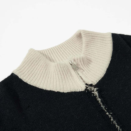 High Neck Stripe Jacquard Cardigan close-up of high-neck detail and zipper