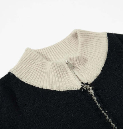 High Neck Stripe Jacquard Cardigan close-up of high-neck detail and zipper