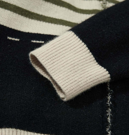Close-up of the cuff detail on a High Neck Stripe Jacquard Cardigan, showcasing its soft fabric and stylish pattern.