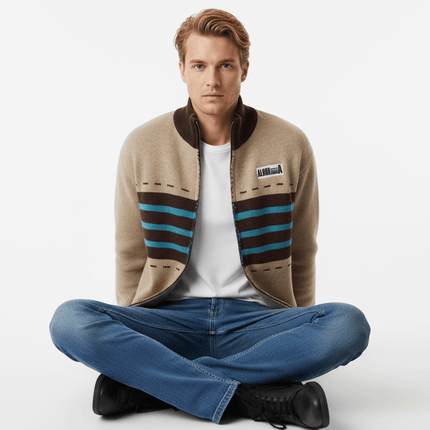 Model wearing High Neck Stripe Jacquard Cardigan with a casual outfit and relaxed pose.
