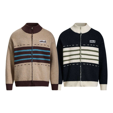 High Neck Stripe Jacquard Cardigan featuring cozy autumn colors and jacquard knitting design.