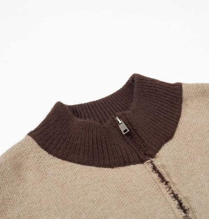 High Neck Stripe Jacquard Cardigan featuring a cozy brown high-neck design and zip detail.