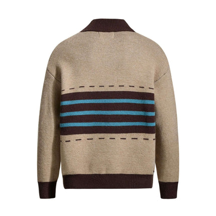 Back view of High Neck Stripe Jacquard Cardigan featuring bold stripes and cozy high-neck design.