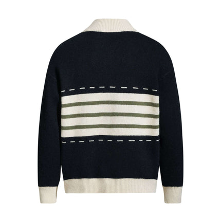 Back view of the High Neck Stripe Jacquard Cardigan showcasing a navy and cream striped design.