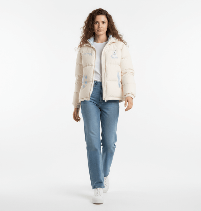 Hooded Cotton Puffer Coat – Loose Fit worn by a woman, showcasing its embroidered dog design and casual style.