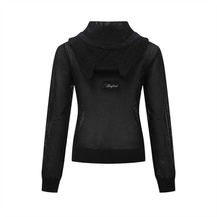 Hooded Embroidered Knit Cardigan back view showcasing soft hood and stylish design.