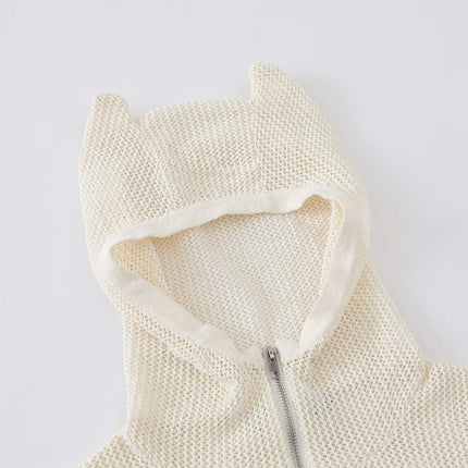 Hooded Embroidered Knit Cardigan with unique cat-ear hood design and soft knit texture.