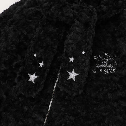 Hooded Lamb Wool Cotton Winter Coat featuring a cozy black fuzzy texture and star embroidery details.