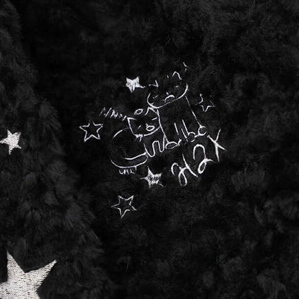 Hooded Lamb Wool Cotton Winter Coat detail with embroidered design and star accents on soft black fabric.