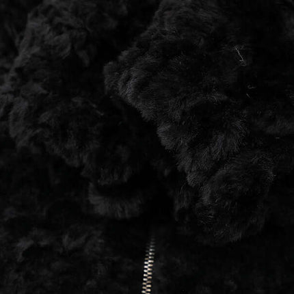 Close-up of the soft black fabric of Hooded Lamb Wool Cotton Winter Coat showcasing its fuzzy texture.