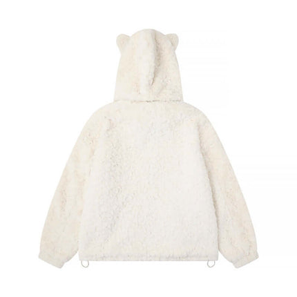 Hooded Lamb Wool Cotton Winter Coat featuring a cozy white faux fur design and cute bear ears on the hood.