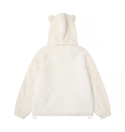 Hooded Lamb Wool Cotton Winter Coat featuring a cozy white faux fur design and cute bear ears on the hood.