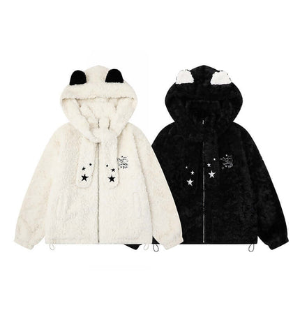 Hooded Lamb Wool Cotton Winter Coat in white and black, featuring panda ears and star design details.