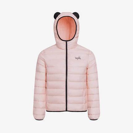 Hooded Quilted Down Jacket in light pink with bear ears, featuring a stylish quilted design and full zipper front.
