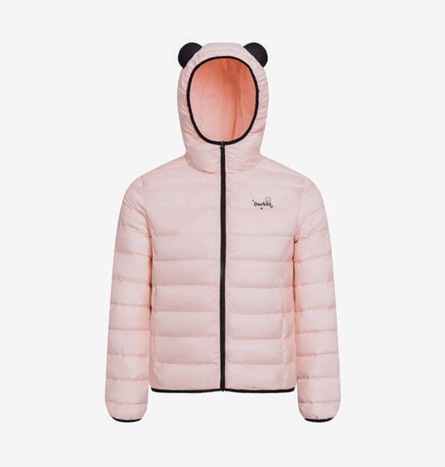 Hooded Quilted Down Jacket in light pink with bear ears, featuring a stylish quilted design and full zipper front.