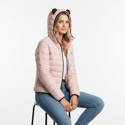 Model wearing a Hooded Quilted Down Jacket with a playful design, perfect for warmth and street style.